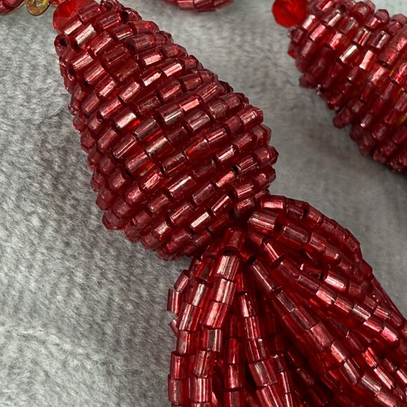 Beaded Red Tassel Pierced Earrings Statement Jewelry Gold Tone Back Vibrant Boho - Picture 4 of 16